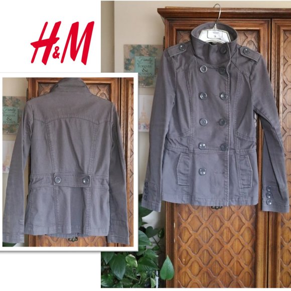 H&M Divided Double-Breasted Twill Denim Military Jacket Peacoat - Gray, Size 8 - Picture 1 of 16